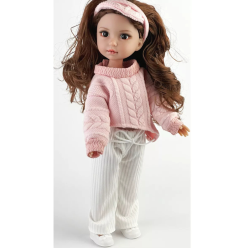 Păpușă Modernă cu Pulover Roz și Pantaloni Albi – 35 cm