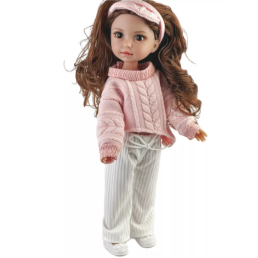 Păpușă Modernă cu Pulover Roz și Pantaloni Albi – 35 cm