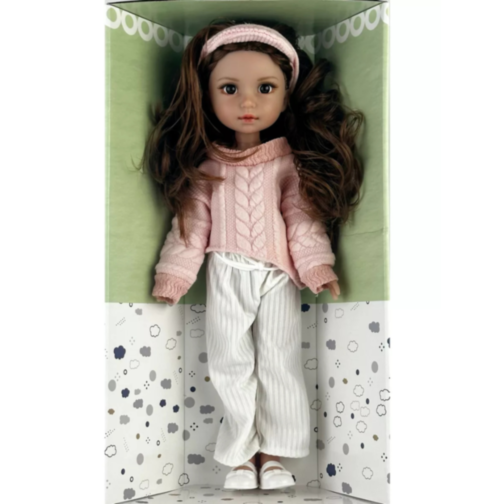 Păpușă Modernă cu Pulover Roz și Pantaloni Albi – 35 cm