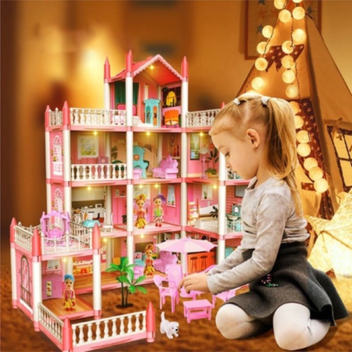 Casă de păpuși mare cu mobilier și figurine