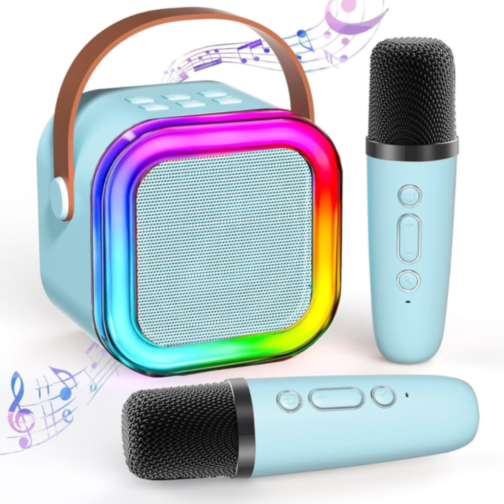 Set Difuzor cu 2 Microfoane pentru Karaoke cu lumini LED (albastru)