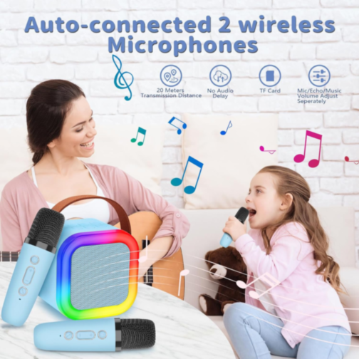 Set Difuzor cu 2 Microfoane pentru Karaoke cu lumini LED (albastru)