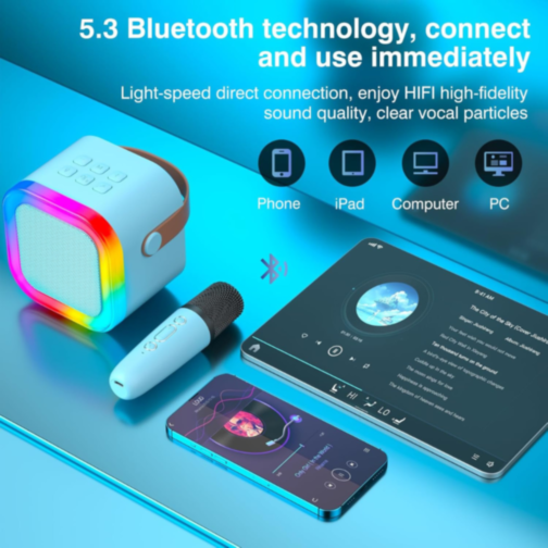 Set Difuzor cu 2 Microfoane pentru Karaoke cu lumini LED (albastru)