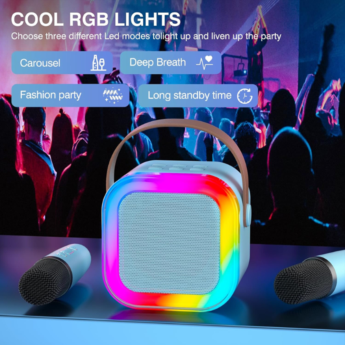 Set Difuzor cu 2 Microfoane pentru Karaoke cu lumini LED (albastru)