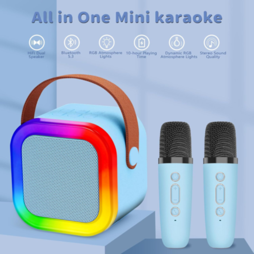 Set Difuzor cu 2 Microfoane pentru Karaoke cu lumini LED (albastru)