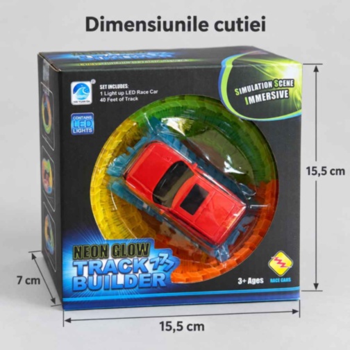 Pistă auto flexibilă fosforescentă cu mașinuță luminoasă inclusă