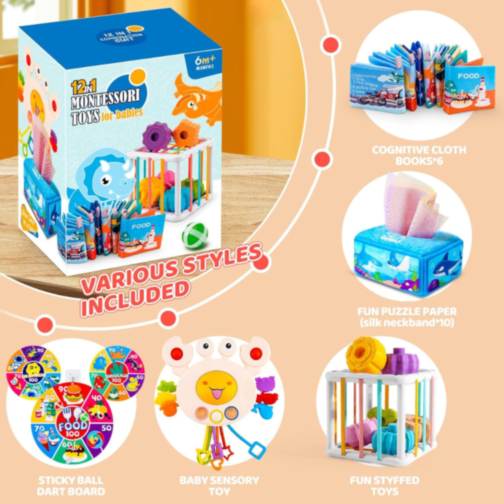 Set Montessori 12 în 1 pentru Bebeluși - Jucării Educaționale