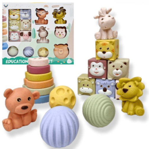 Set educativ bebeluși cu cuburi, bile și animale moi