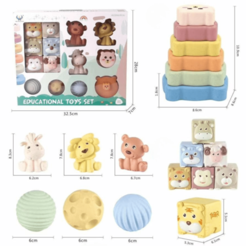 Set educativ bebeluși cu cuburi, bile și animale moi