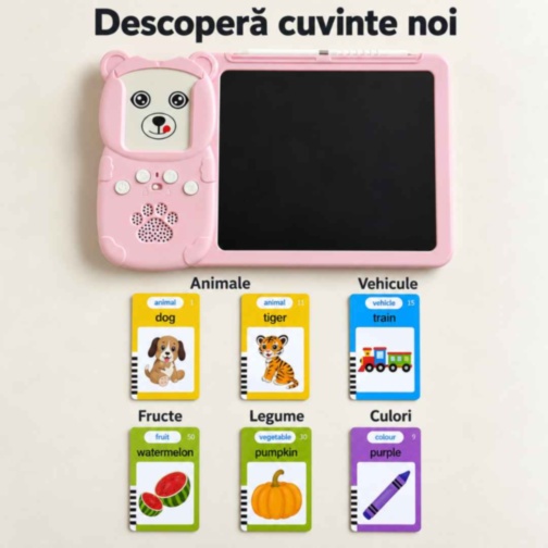 Tabletă educativă cu desen și 112 cartonașe în engleză