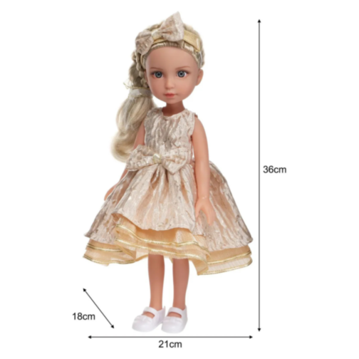 Păpușă Blondă Sennby Baby în Rochie Aurie Elegantă – 35 cm