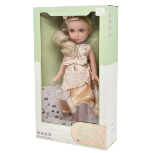 Păpușă Blondă Sennby Baby în Rochie Aurie Elegantă – 35 cm