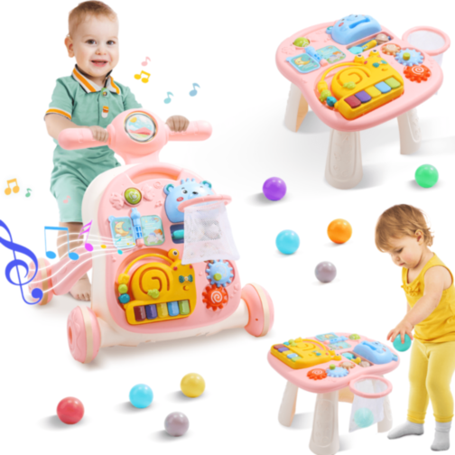Premergător Muzical 3-în-1 pentru Bebeluși | Activități Educative și Masă de Joacă - Roz 