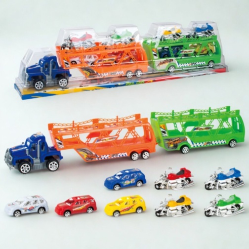 Camion transportor auto cu mașinuțe și motociclete set mare (culoare aleatorie)