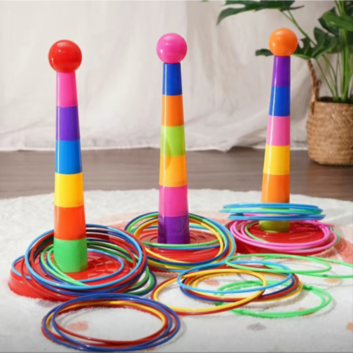 Set de Aruncat Inele Colorate pe Stativ – Joc de Îndemânare și Distracție pentru Copii și Familie