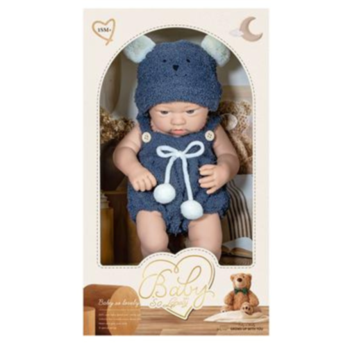 Păpușă Bebeluș Realist de 40 cm cu Hăinuță Bleumarin – Se Poate Spăla